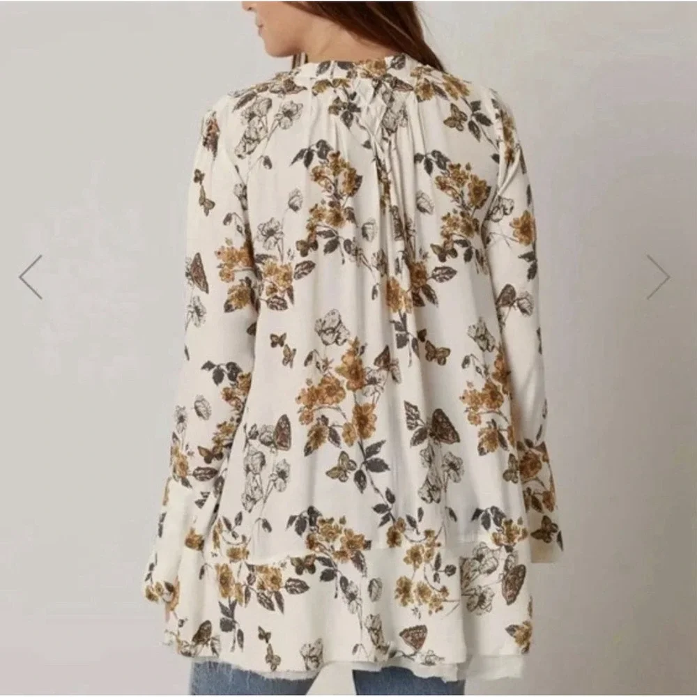 Free People Pebble Crepe Butterfly Print Top Ivory XS Boho Tunic Raw Hem Peasant